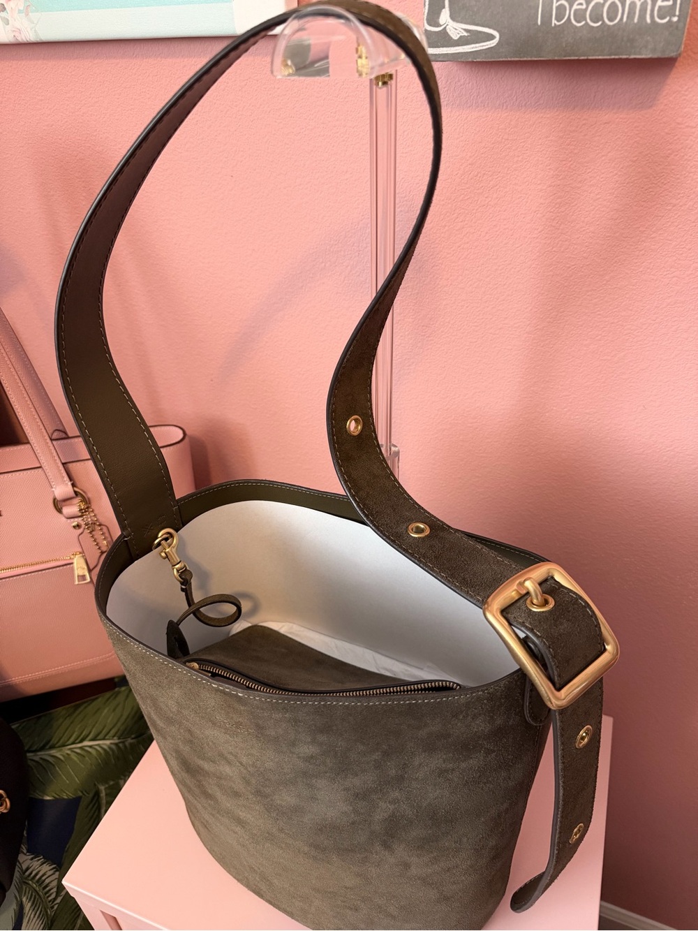 COACH Olive Green Suede Bleeker Bucket Shoulder and Crossbody Bag - Picture 3 of 9